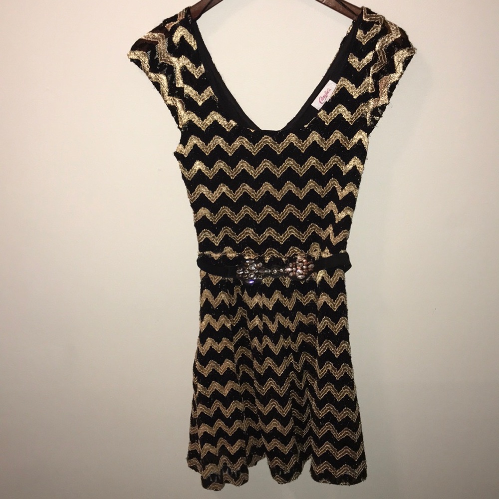 Gold and Black S/L dress with sparkle bow belt